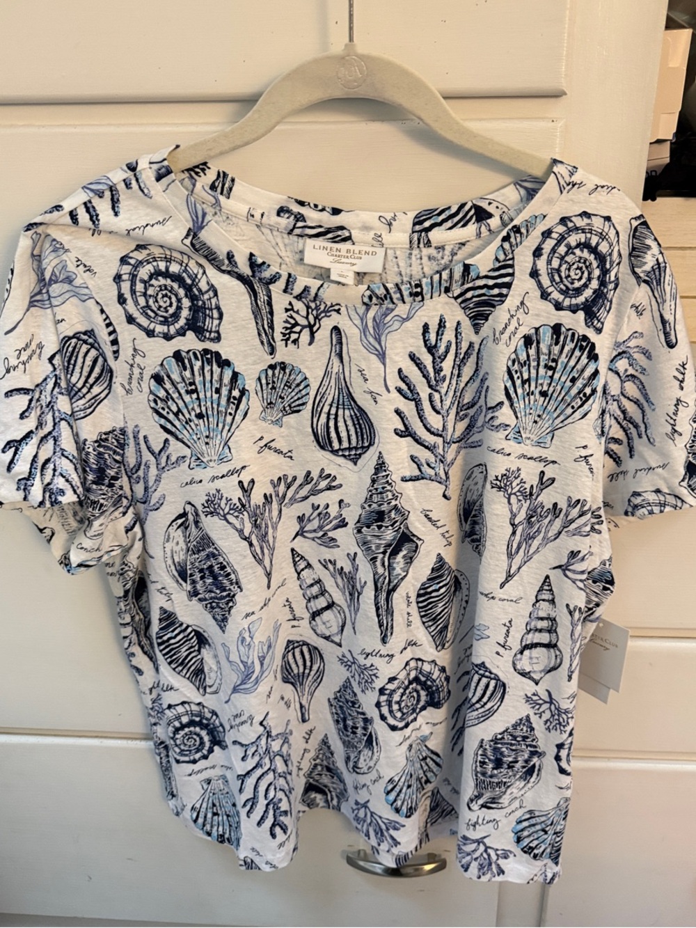 Charter Club White Short Sleeve Linen Top with Navy Seashell Print